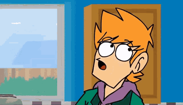 a cartoon character is sitting in front of a window and looking up .