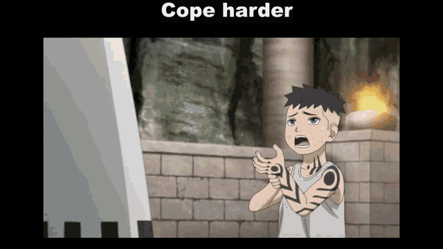 a picture of a boy with a tattoo on his arm and the words cope harder above him