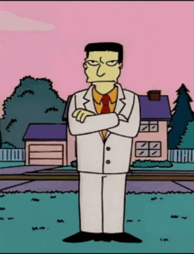 a cartoon character in a white suit and tie stands in front of a house