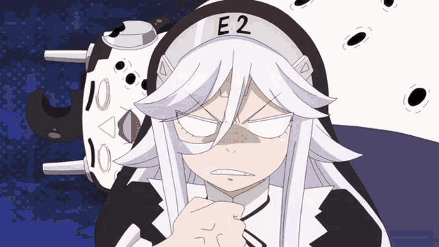 a cartoon character with white hair and a hat that says e2