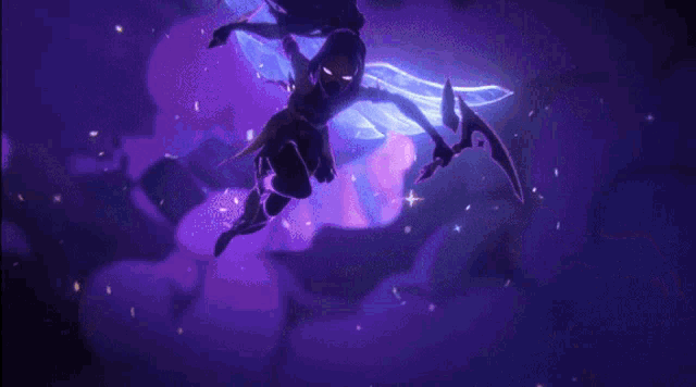 a purple background with a cartoon character flying through it