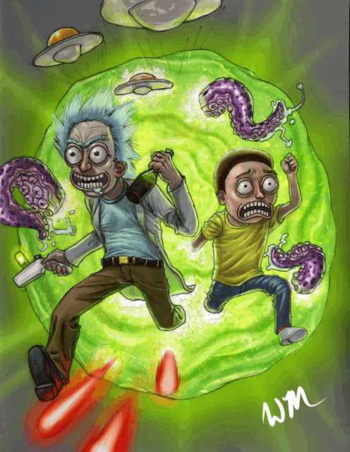 a drawing of rick and morty with wm written in the corner