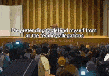 a cartoon of a man standing in front of a crowd with a caption that says me pretending to defend myself