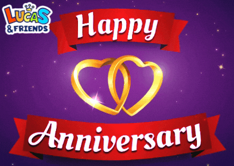 a lucas and friends anniversary greeting card with two hearts and a red ribbon