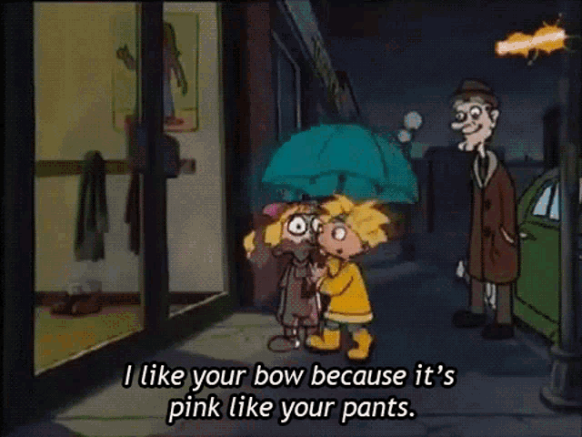 a cartoon character is holding an umbrella and saying i like your bow because it 's pink like your pants
