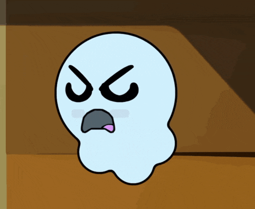 a cartoon ghost with an angry face and a pink tongue
