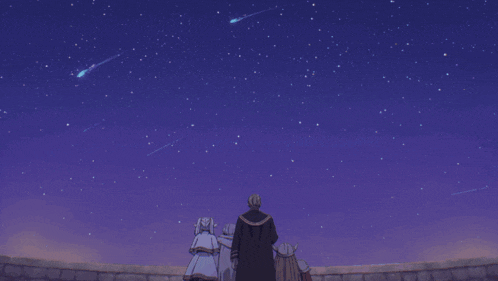 a group of people are looking up at a starry sky