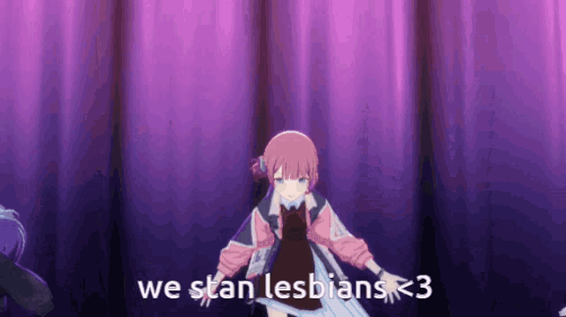 a girl is dancing on a stage with the words we stan lesbians < 3 on the bottom .
