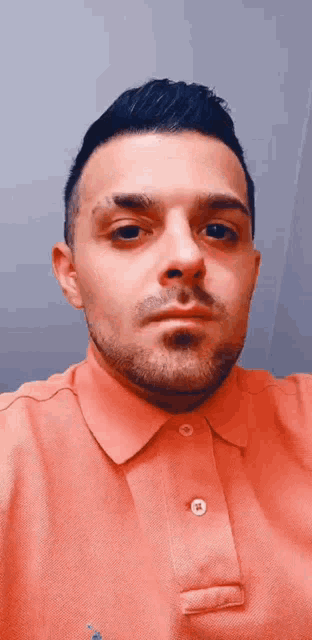 a man with a beard wearing a pink polo shirt is taking a selfie .