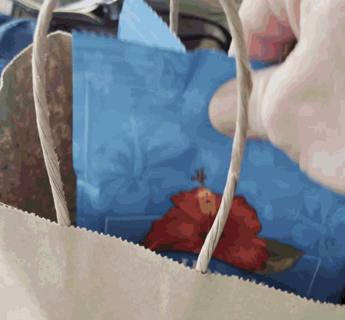 a person is holding a bag with a hibiscus flower on it
