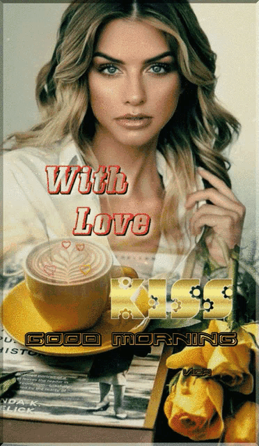 a picture of a woman with a cup of coffee and the words " with love kiss "