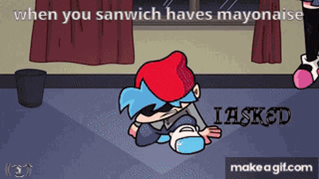 a cartoon of a boy sitting on the floor with the words when you sandwich haves mayonaise