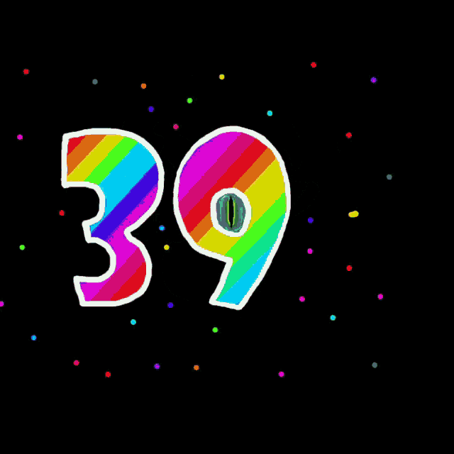 the number 39 is displayed in a rainbow colored font