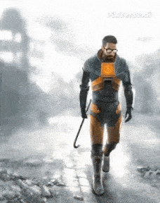 a man in a half life costume is walking down a street holding a crowbar .