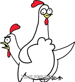 a cartoon of two chickens standing next to each other with the words `` time for bed '' .