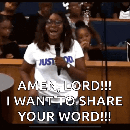 a woman is holding a microphone and saying amen lord i want to share your word !!