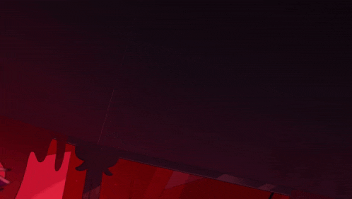 a close up of a cartoon character in a dark room with a red background .