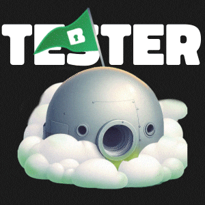 a logo for tester with a gray object in the clouds