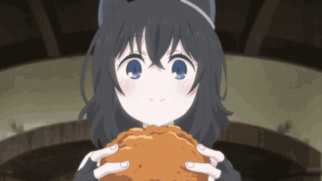 a girl with black hair and blue eyes is holding a piece of bread