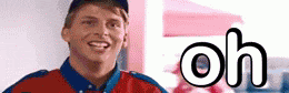a man in a red and blue shirt is smiling in front of a sign that says `` oh '' .