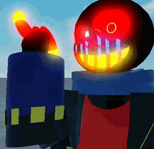 a cartoon character with a red face and yellow teeth is standing next to a blue container .