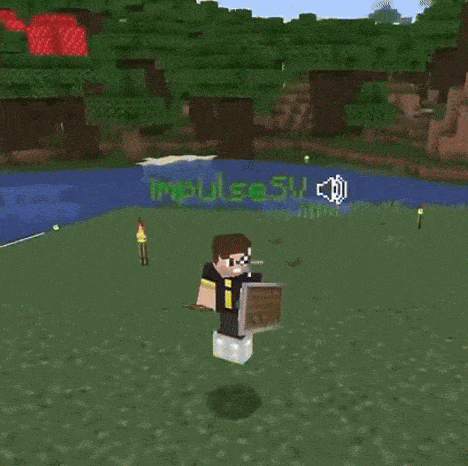 a minecraft character is holding a wooden shield in a field with the words impulsesv above him