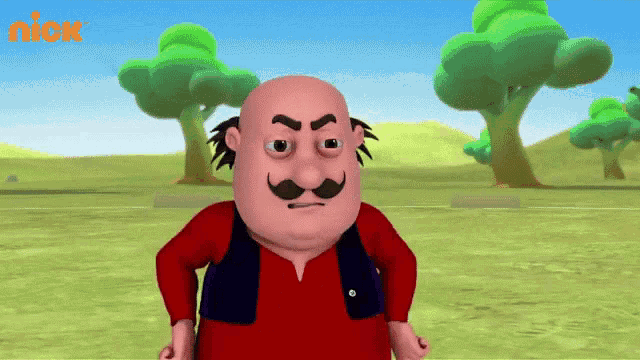 a cartoon character with a mustache is standing in a field with trees in the background and a nick logo in the corner