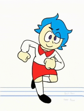 a cartoon character with blue hair is wearing a red dress and white socks .