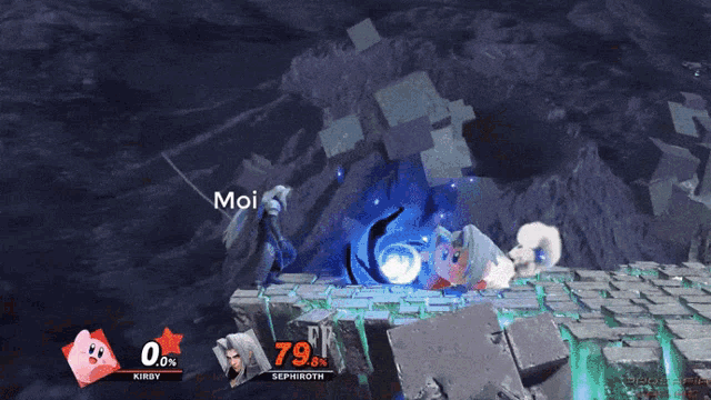 a screenshot of a video game with kirby and sephiroth fighting