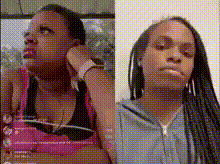 a woman in a pink tank top and a woman in a blue hoodie are shown side by side