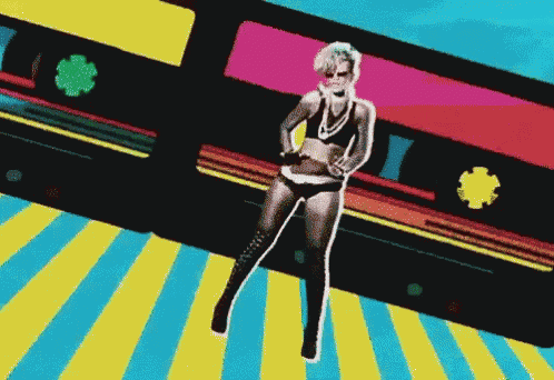 a woman in a bikini is standing on a colorful background