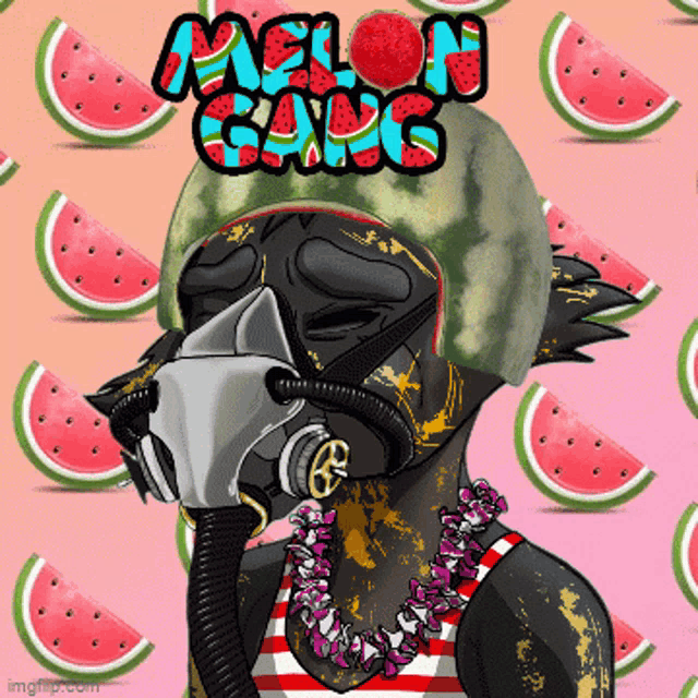 a cartoon drawing of a man wearing a watermelon helmet with the words melon gang written on it