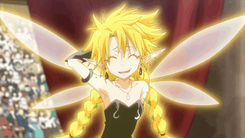 a girl with yellow hair and wings is smiling in front of a crowd