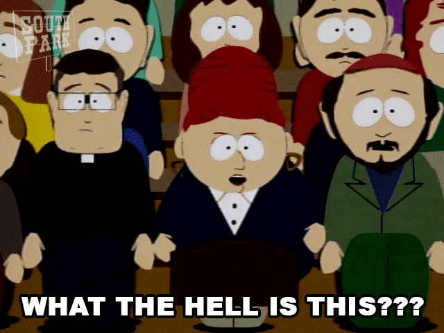 a group of south park characters are sitting in a row and one of them is asking what the hell is this