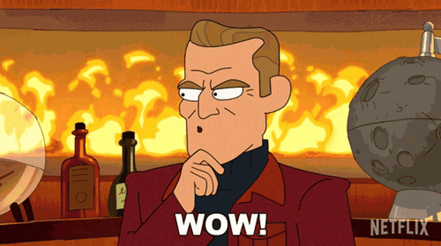 a cartoon of a man says wow in front of a netflix sign