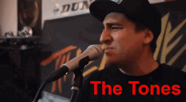 a man singing into a microphone with the words " the tones " below him