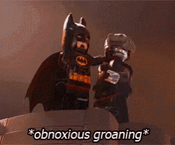 a couple of lego figures standing next to each other with the words obnoxious groaning written on the bottom .