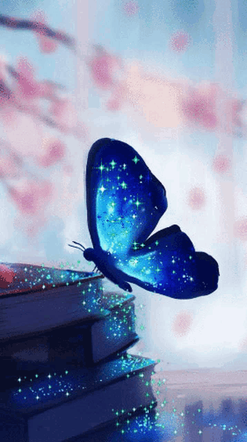 a blue butterfly is flying over a stack of books