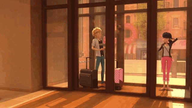 a man and a woman are standing in front of a large window