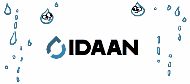 the word idaan is on a white background with water drops around it