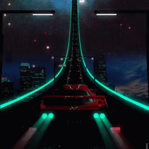 a red car is driving down a highway at night with green lights