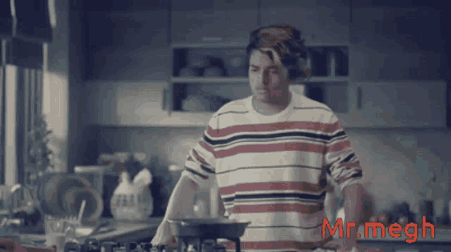 a man in a striped shirt is standing in front of a stove with mr megh written in red