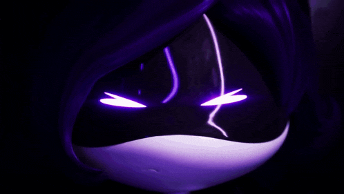 a close up of a cartoon character 's face with glowing eyes