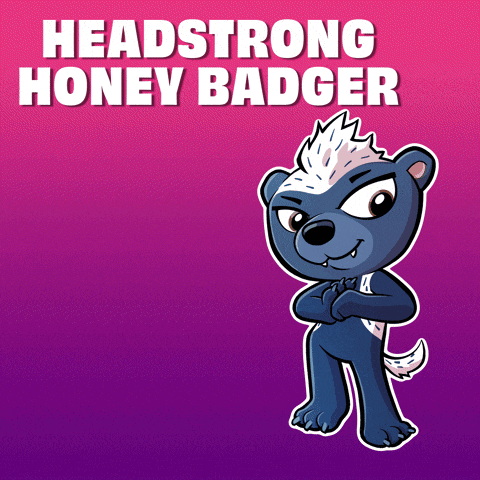 a picture of a honey badger with the words headstrong honey badger below it