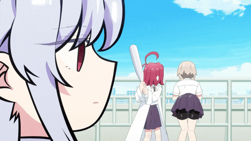 a girl with red hair is holding a bat in her hand