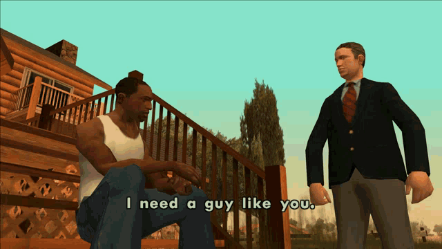 a man in a suit says i need a guy like you in a video game scene