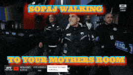 a group of men are walking towards a sign that says sopaj walking to your mothers room
