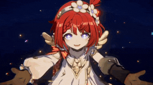 a girl with red hair and blue eyes is wearing a white dress and a crown of flowers .