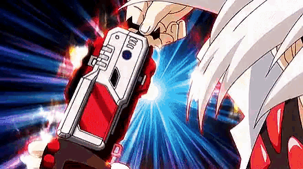 a person is holding a red and white device that looks like a camera .