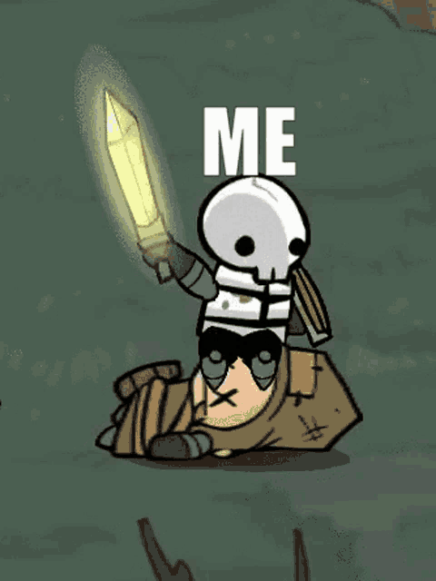 a cartoon of a skeleton holding a sword with the words me your mum below it .